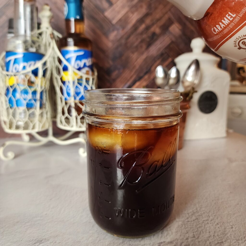 cold brew in a mason jar with ice