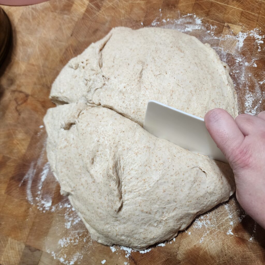 Made from scratch sourdough bread is gently cut in half