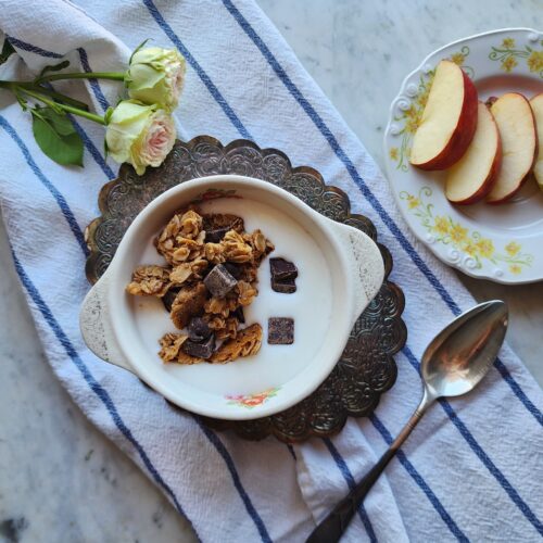 Instant Pot Yogurt in a bowl with homemade granola and dark chocolate chunks