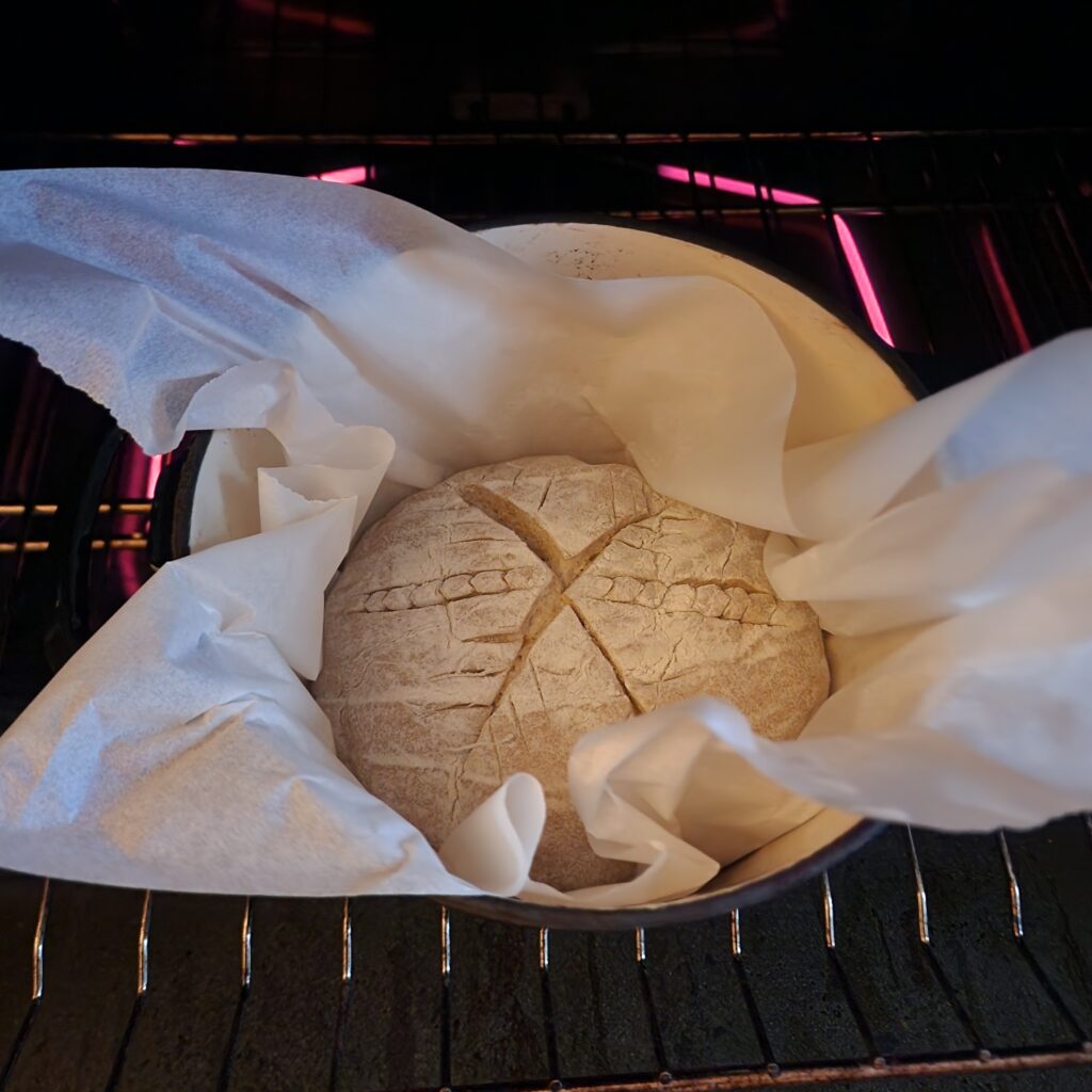 Made from scratch Sourdough bread is freshly baked in the oven