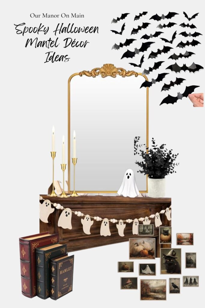 A colorful collage of Halloween décor items. Text reads "Spooky Halloween Mantel Décor Ideas"