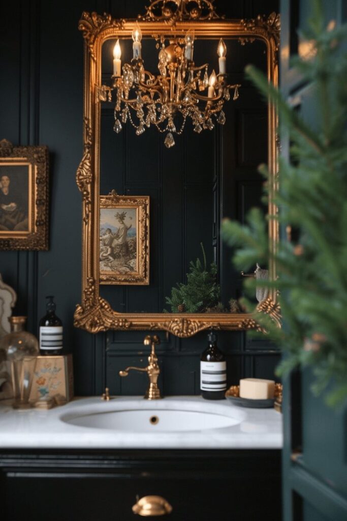 A beautiful moody bathroom with antique metal accents