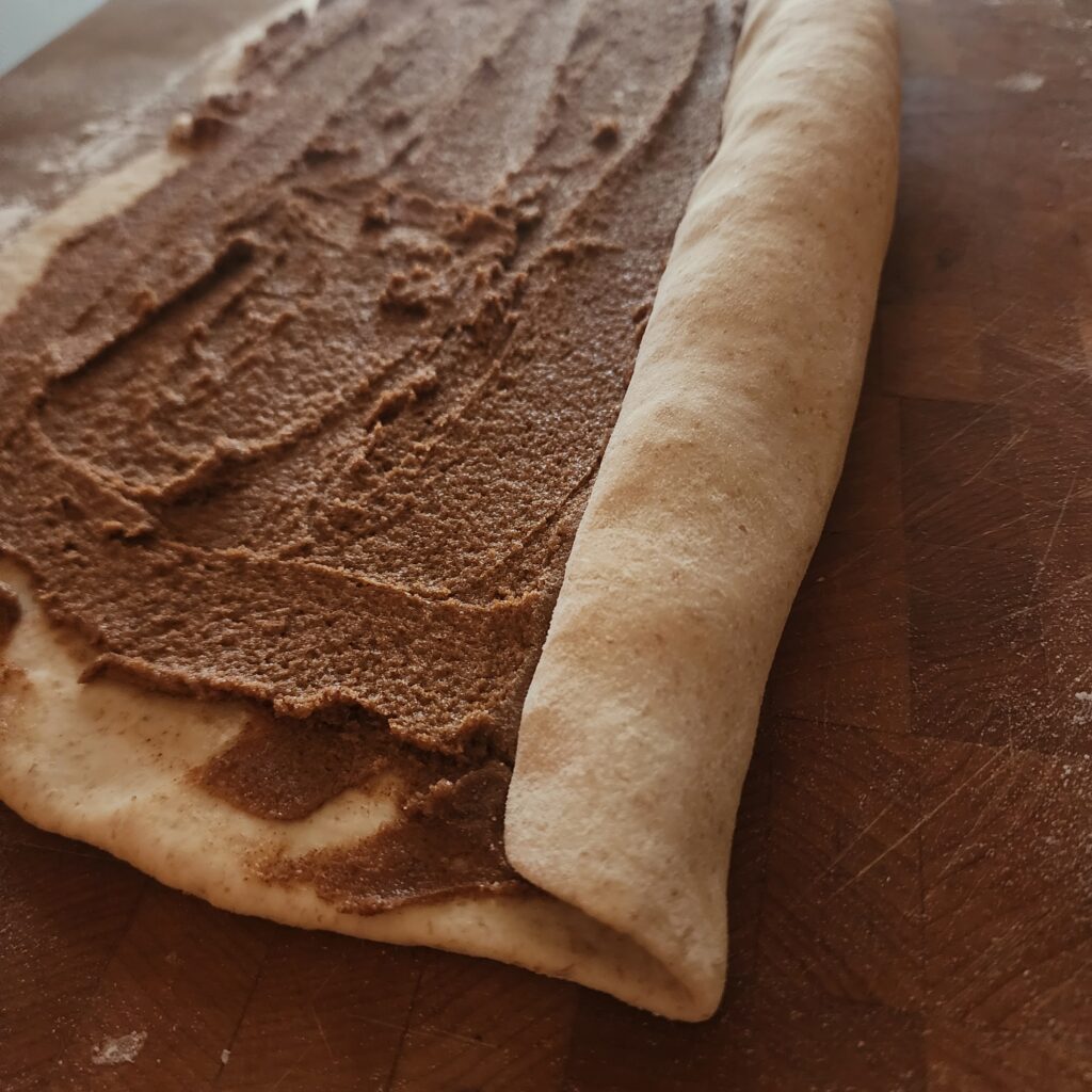 Sourdough discard cinnamon roll dough is rolled into a log