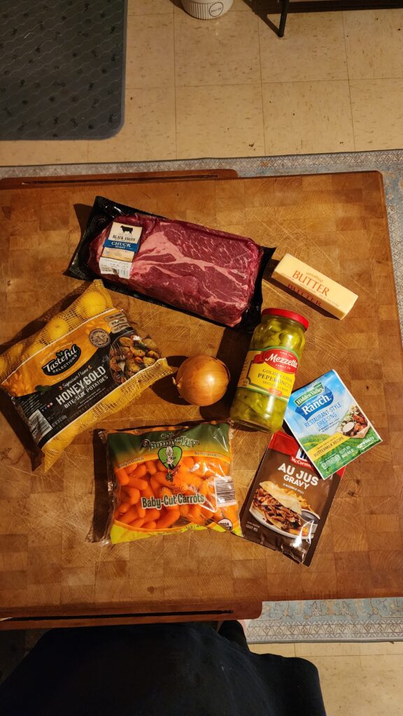 Ingredients  for Mississippi  Pot roast on but her block counter 