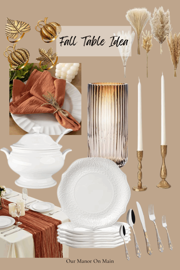 Collection of elegant décor items. text reads "Fall Table Idea"
