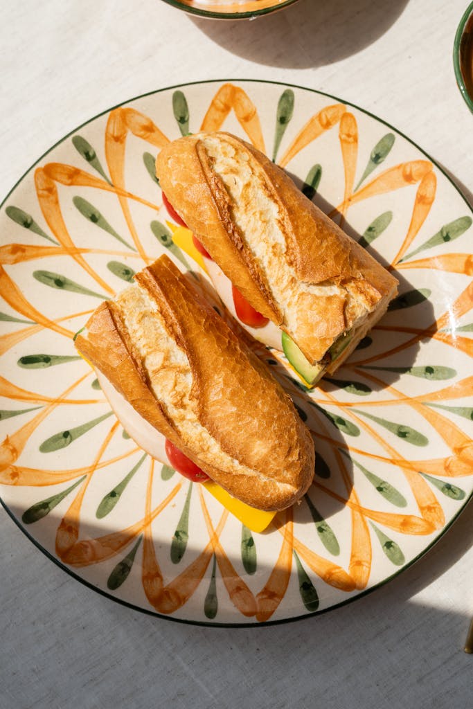 Two fresh baguette sandwiches with vegetables on a colorful plate in sunlight.