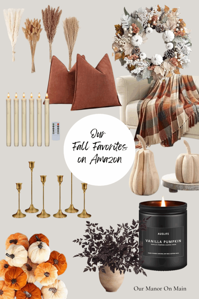 Cozy collection of seasonal fall home décor. Text reads "Our Fall Favorites On Amazon"