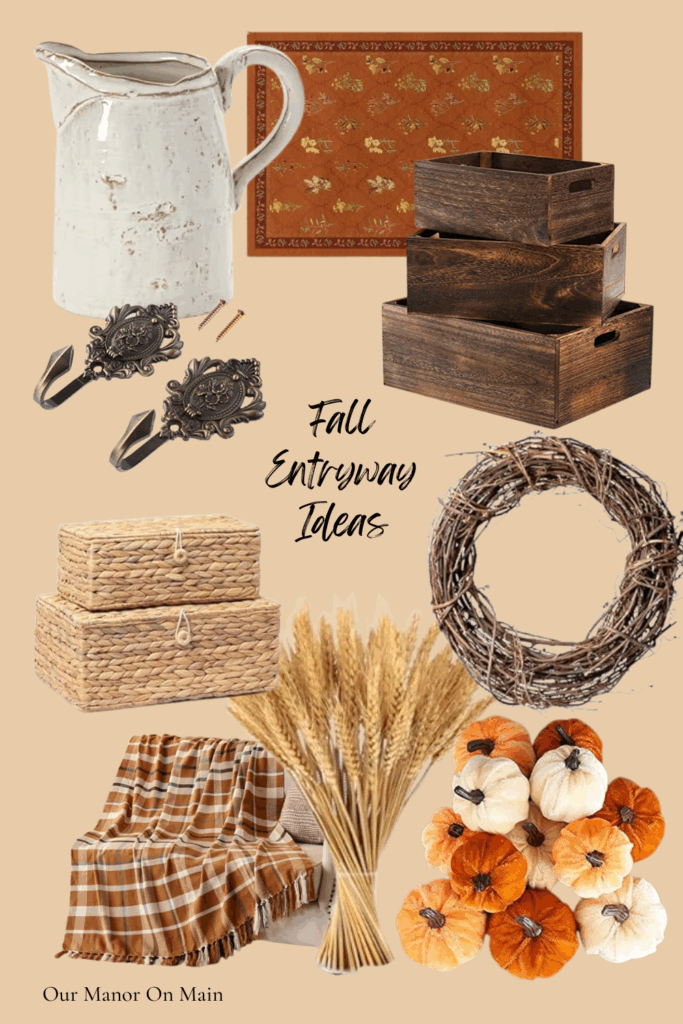 A colorful collage of fall decor items. Text reads "Fall Entryway Ideas"