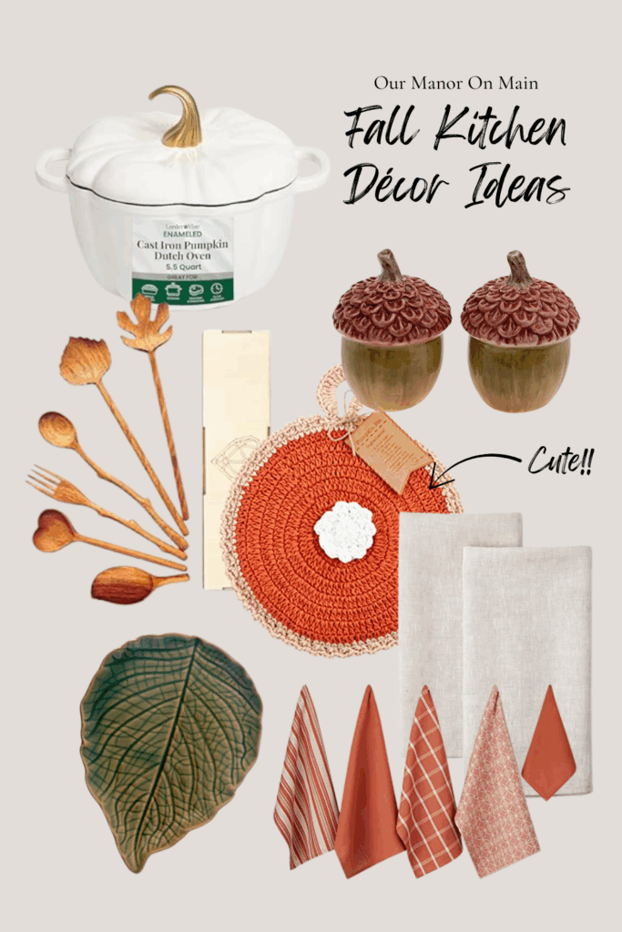 Colorful collage of fall related kitchen décor items. Text reads "Fall Kitchen Décor Ideas"
