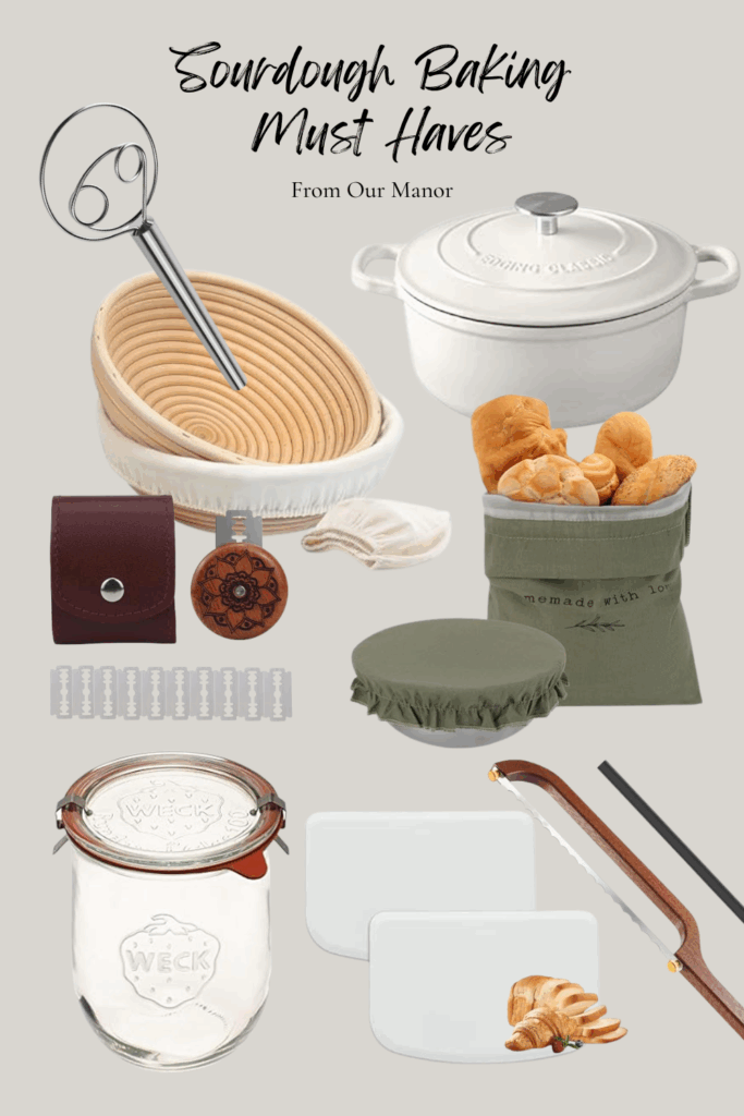 A collage of sourdough baking tools with the text "Sourdough Baking Must Haves"