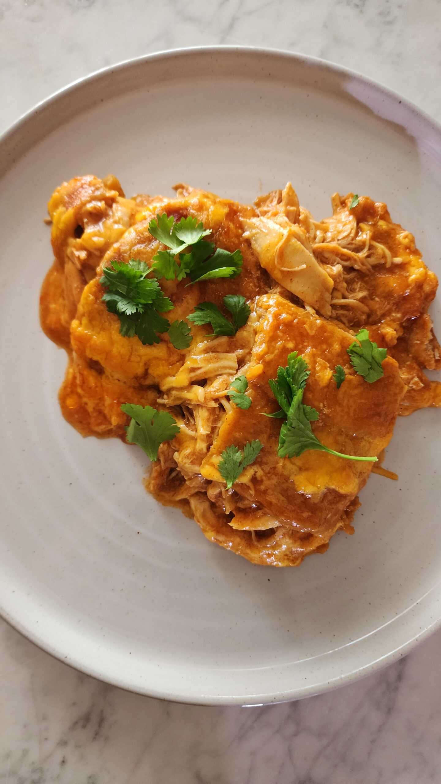 An overhead view of Easy Chicken Enchiladas on a white plate on a marble surface.