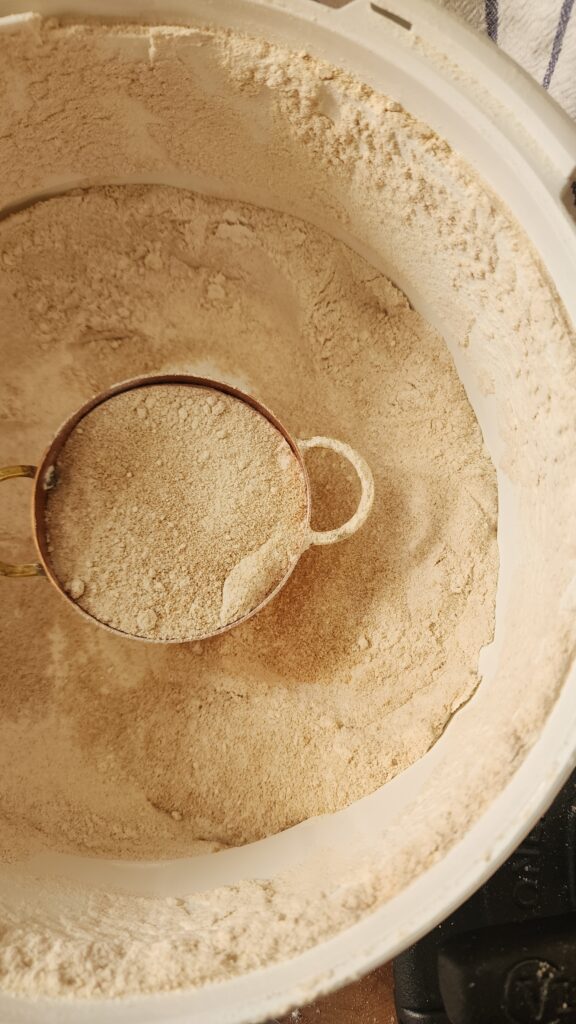 Freshly milled flour is being scooped out of a grain mill container to bake sourdough.  