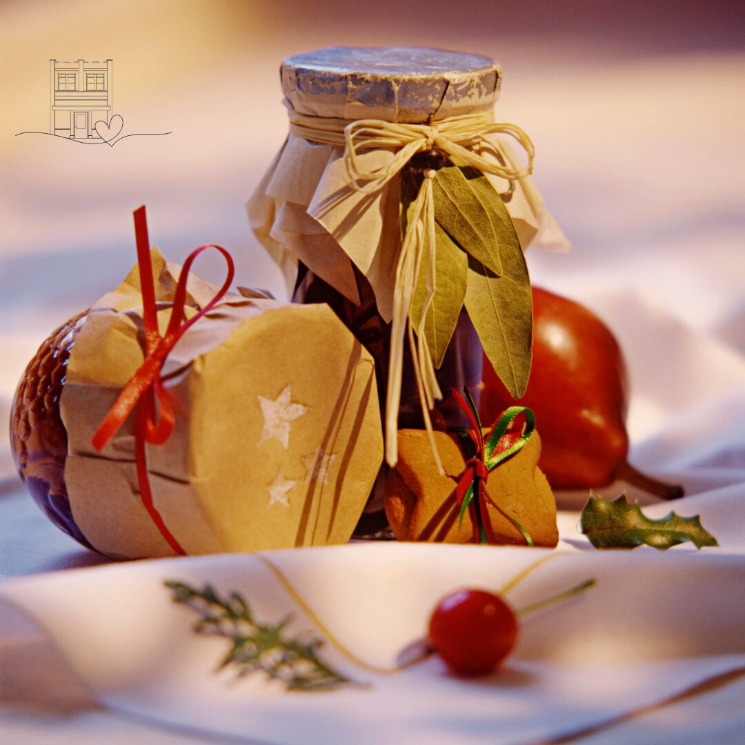 Jars are festively decorated showing a great apple butter gift presentation.