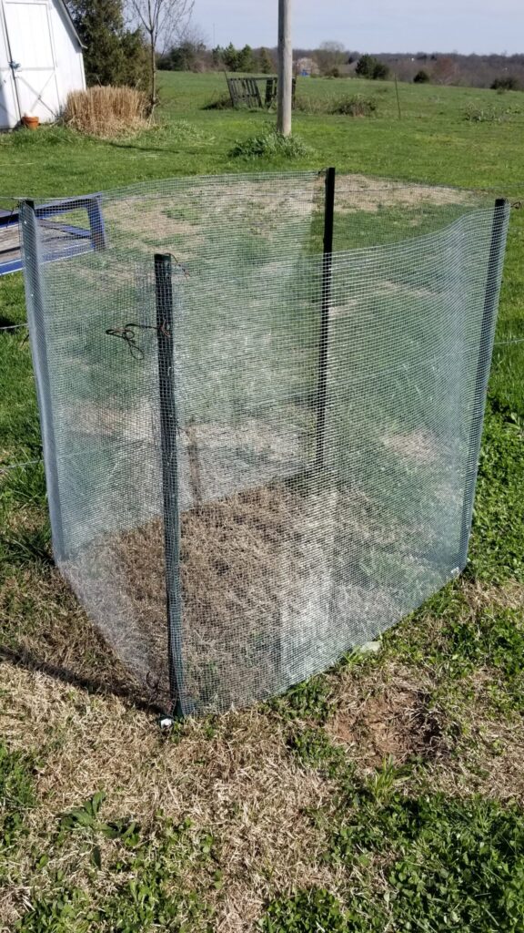 A diy home composting bin with t posts and hardware cloth.