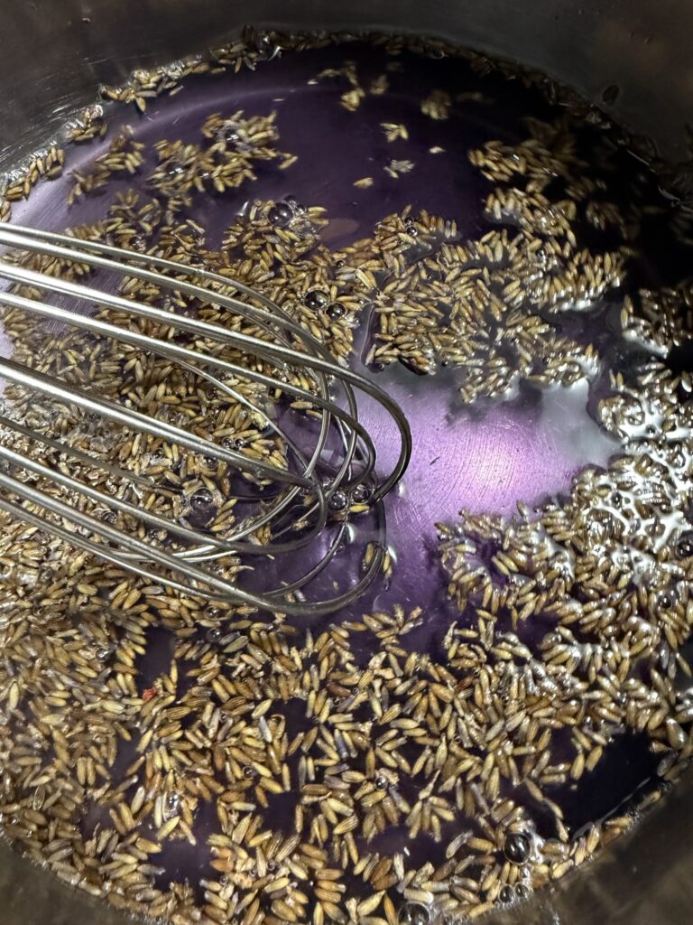 Food coloring is added for optional brightness to lavender simple syrup. 