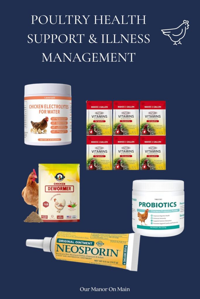 A collection of simple supplies I like to keep on hand for poultry health support and illness care. When you raise chickens, it helps to be prepared for those moments when a hen needs a little extra care. These are some of the items I keep in my poultry kit to help support my flock during sickness, stress, or recovery. 🐓🌿