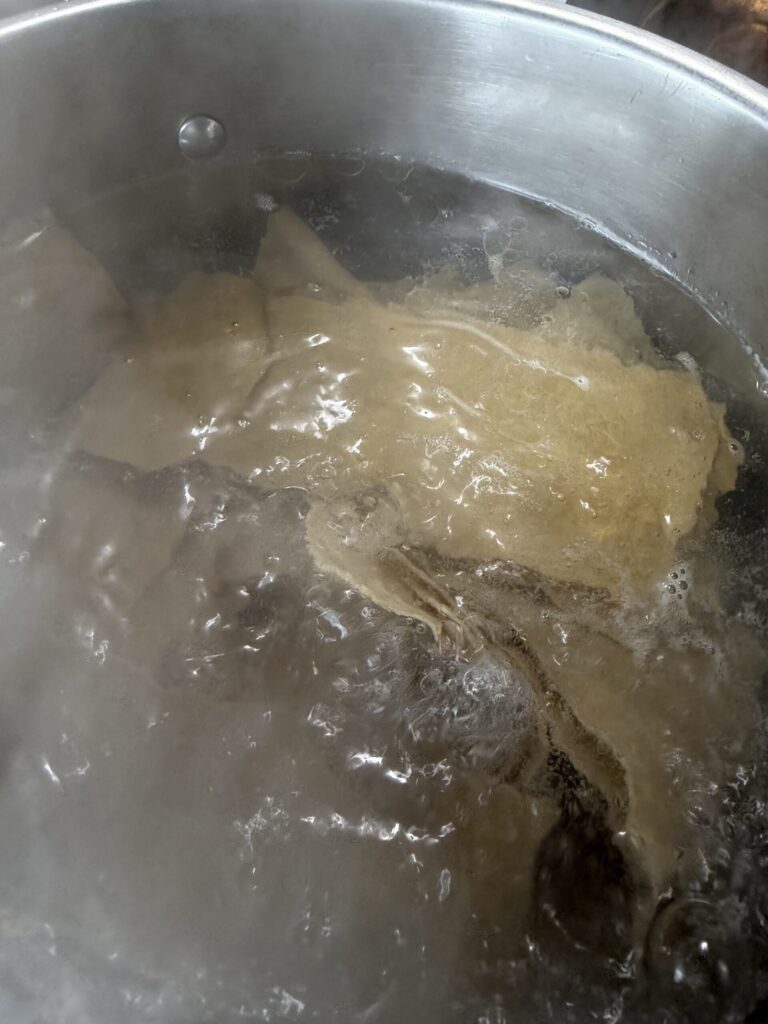 Sourdough Lasagna cooking in boiling water. 