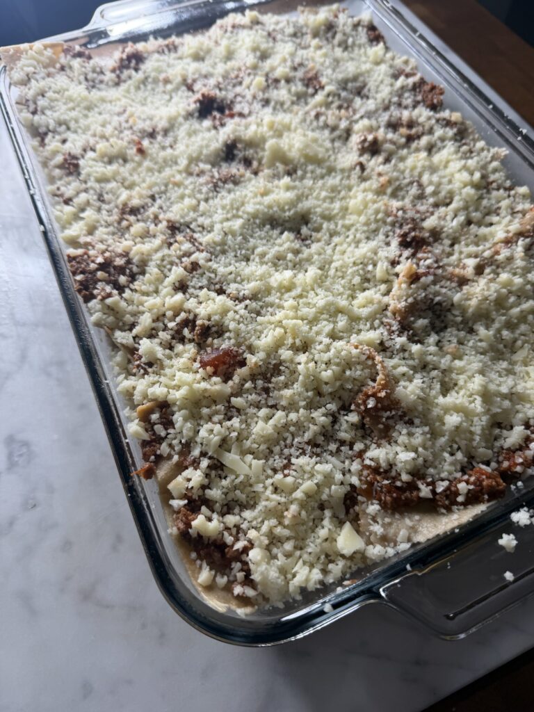 Homemade sourdough lasagna ready to bake in the oven. 