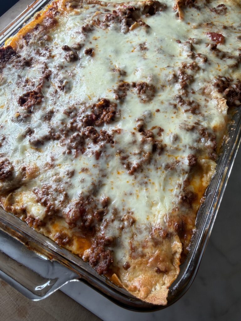 Homemade sourdough lasagna fresh from the oven. 