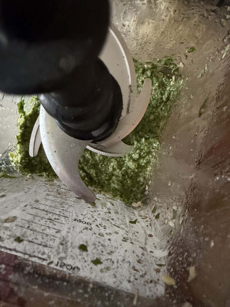 Homemade fresh basil and walnut pesto blended in a blender. 