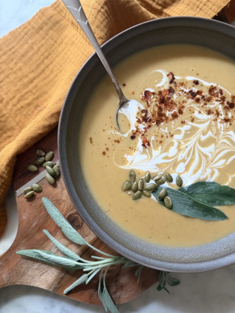 Spicy Roasted Butternut Squash and Sweet Potato Soup